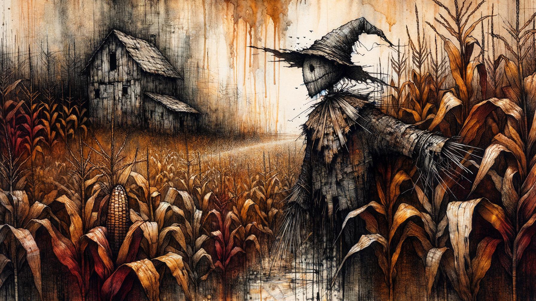 Scarecrow in Golden Cornfields with Abandoned Farmhouse