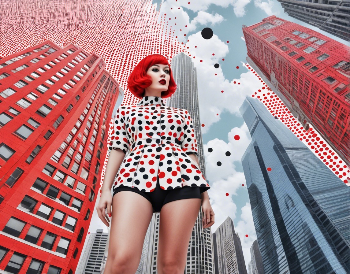 Fashion Model in Urban Setting with Polka Dot Blouse