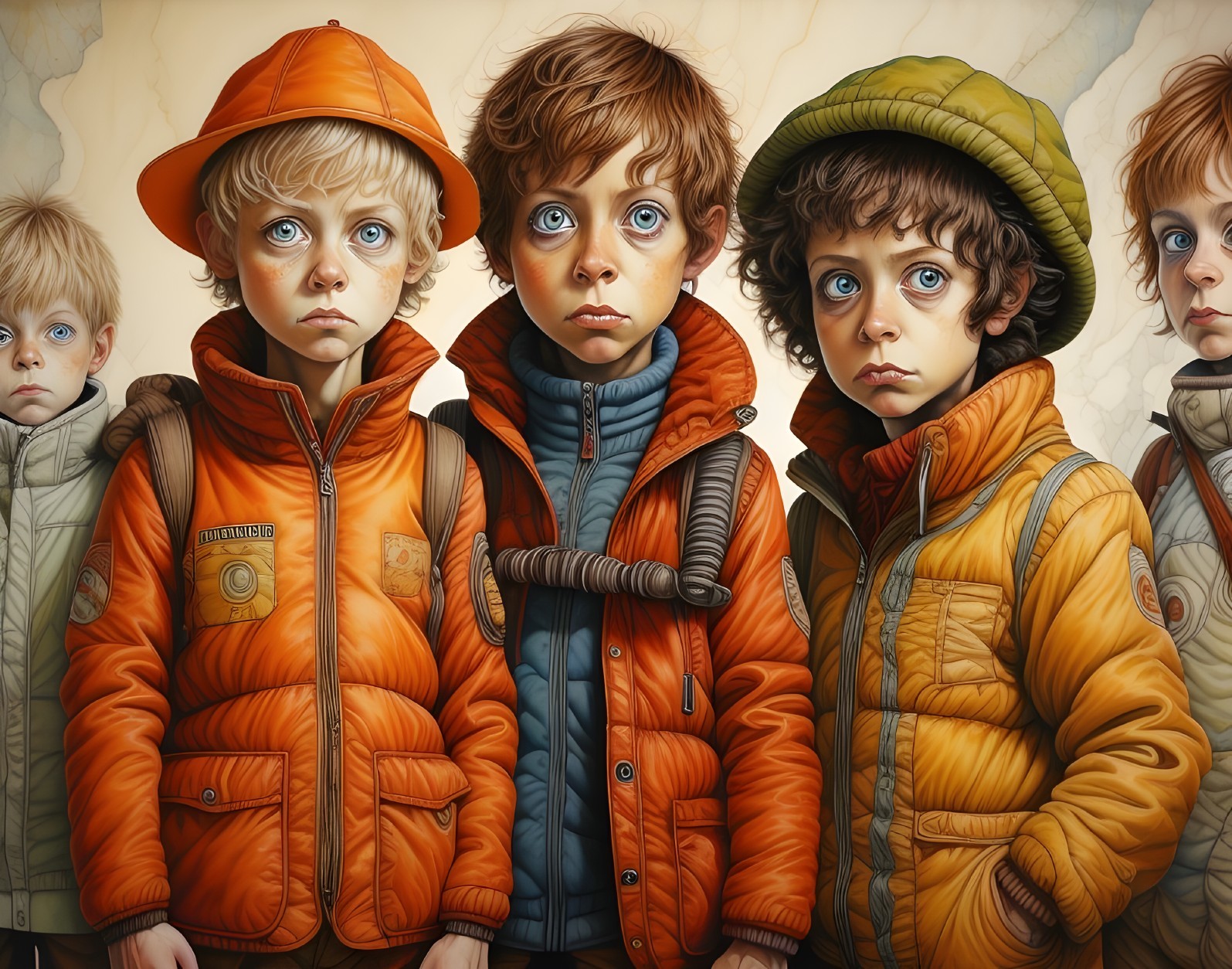 Boys in Vibrant Jackets with Expressive Eyes