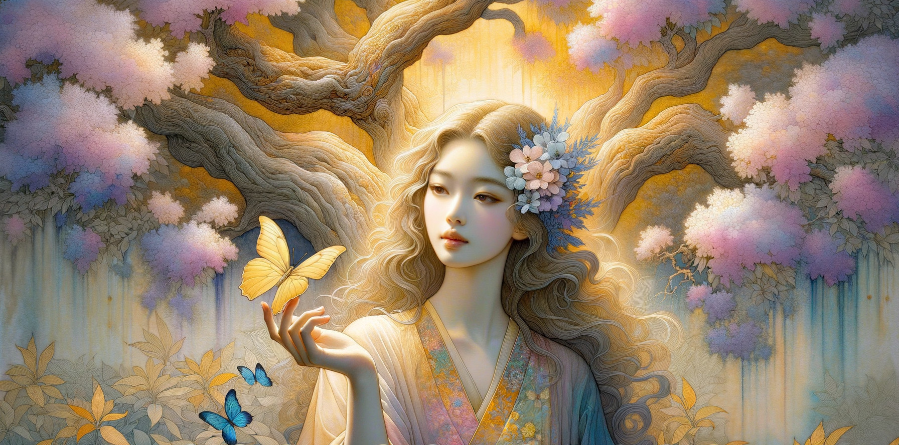Young woman with flowers and butterfly in golden light