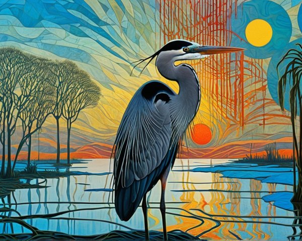 Heron by Tranquil Lake at Sunset with Vibrant Colors