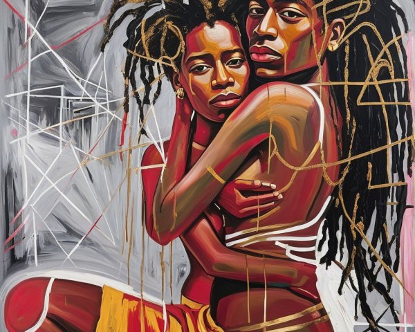 Intertwined Figures with Bold Colors and Expressions