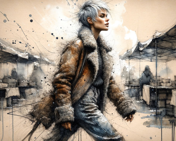 Stylish Figure in Brown Fur Coat at Market Scene