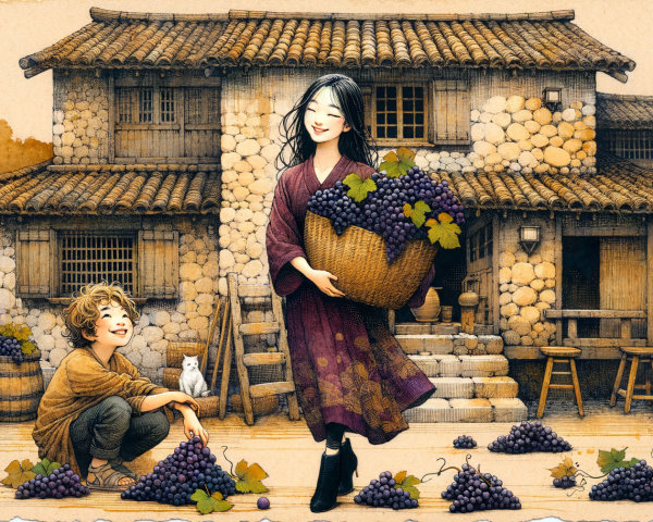 Rural Scene of Children and Grapes by a Cottage