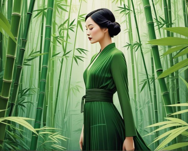 Serene Woman in Green Robe in Bamboo Forest