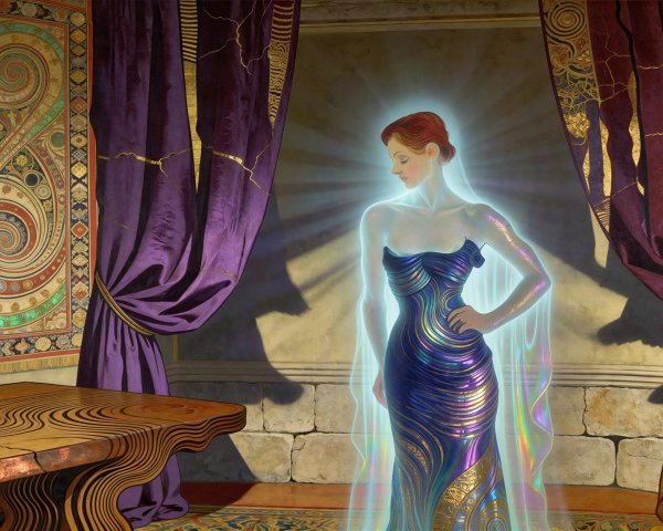 Woman in Shimmering Gown with Aura and Purple Curtains