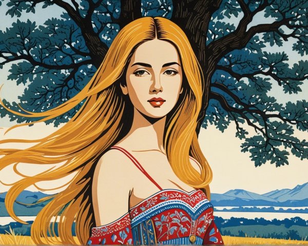 Young woman in traditional garment by large tree