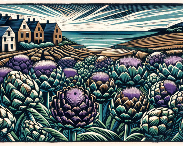 Vibrant Coastal Landscape with Artichoke Fields