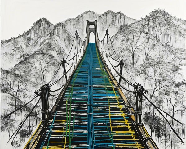 Vibrant Suspension Bridge Over Misty Landscape