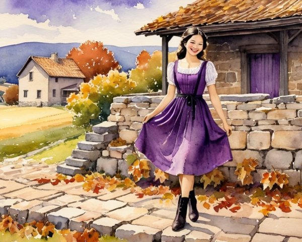 Young Woman in Purple Dress Amidst Autumn Landscape