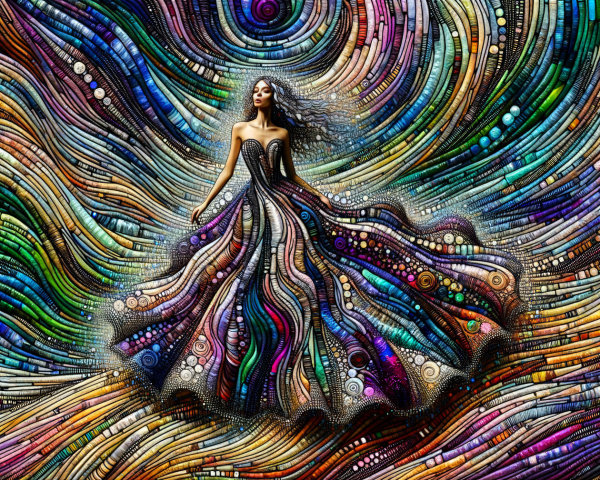 Vibrant Figure in Swirling Dress with Colorful Backdrop