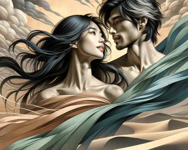 Couple in Artistic Blue Waves and Earthy Tones