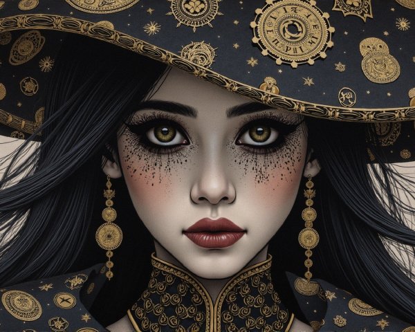 Portrait of a Woman in Star-Patterned Hat and Bold Makeup