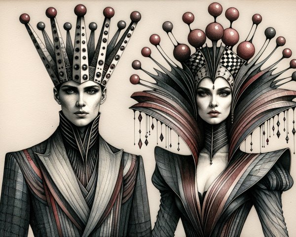 Elegantly Dressed Figures with Elaborate Headpieces