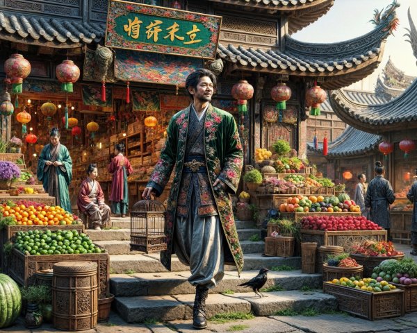 Ancient Town Marketplace with Colorful Stalls and Lanterns