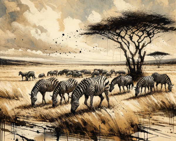 Zebras Grazing in a Savanna Landscape Illustration