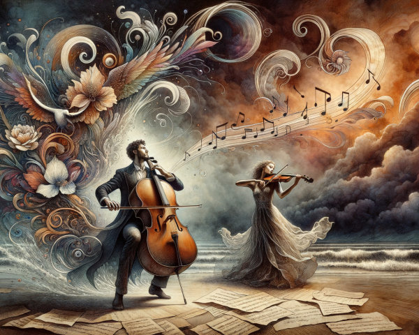 Seaside Performance of Cellist and Violinist with Nature