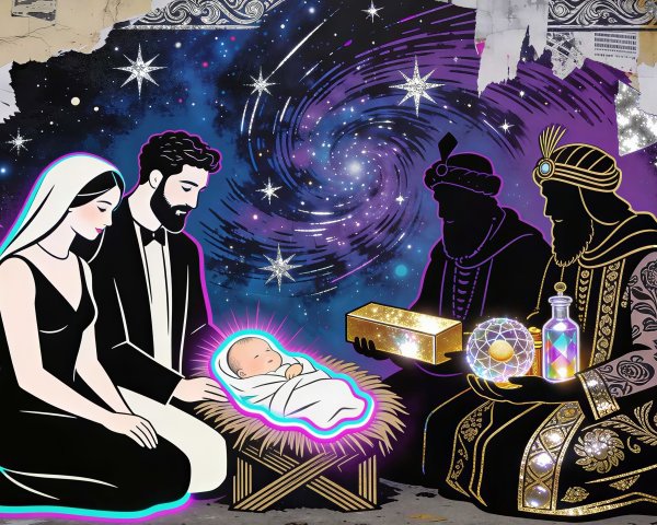 Modern Nativity Scene Mural on Urban Wall