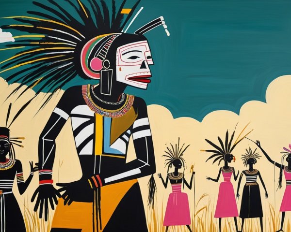 Vibrant Depiction of Figures in Traditional Attire