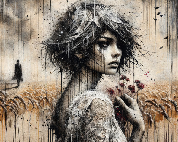 Young Woman in Wheat Field with Dramatic Sky