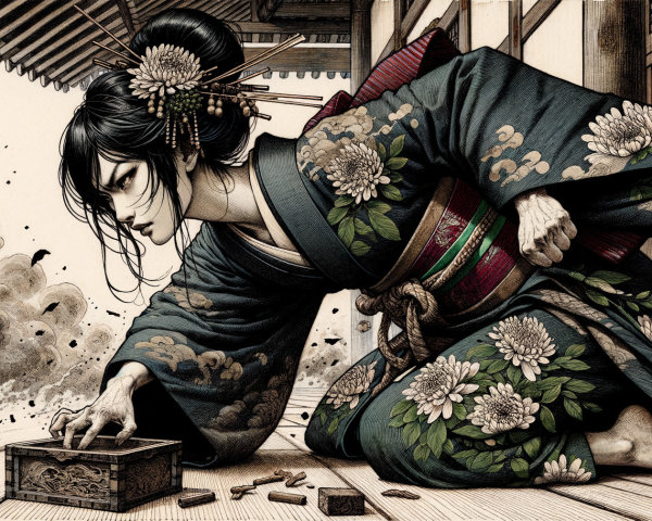 Woman in Kimono Focused on Ornate Box with Smoke