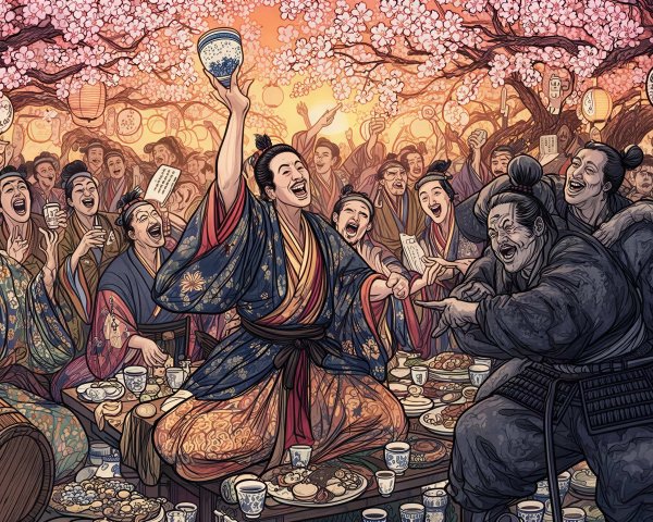 Japanese Night Festival with Cherry Blossoms and Kimonos