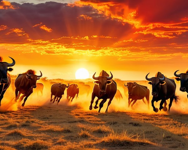 Vibrant Sunset with Galloping Wildebeests in Landscape