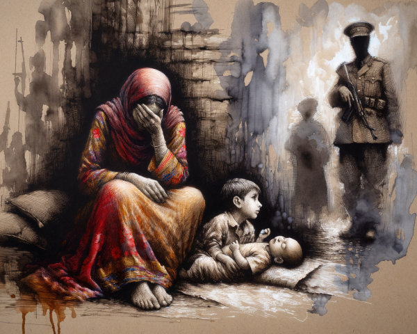 Somber Scene of Woman in Dress with Child and Soldier