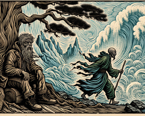 Old Man Under Tree with Gnarled Roots and Wandering Figure