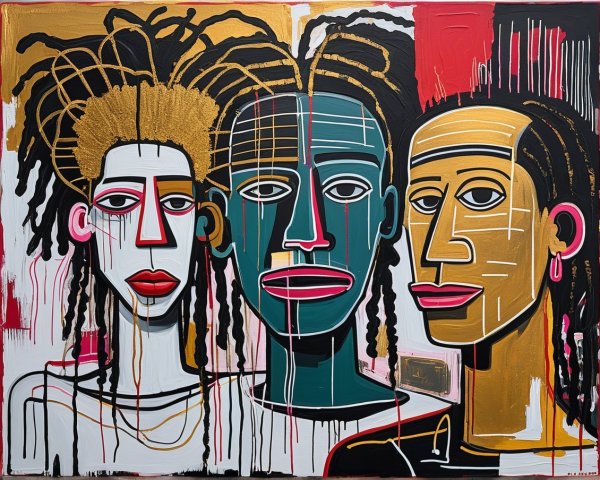 Stylized Figures with Bold Colors and Abstract Background