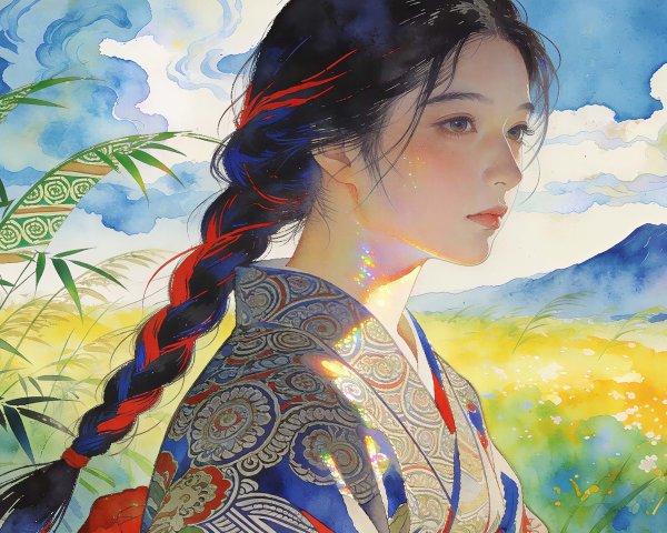 Watercolor Painting of Japanese Woman in Kimono