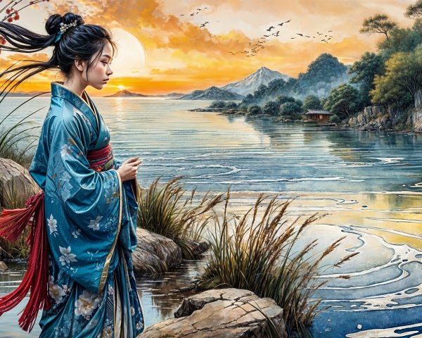 Serene Landscape with Girl in Kimono by Tranquil River