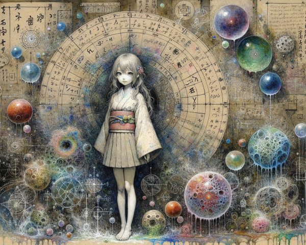 Young girl in kimono with cosmic backdrop and symbols