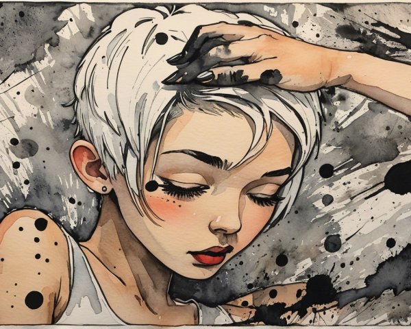 Young Woman with Short Hair and Ink Splash Background