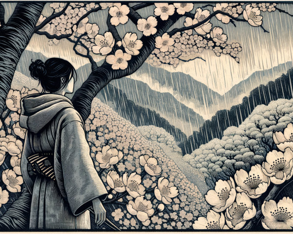 Woman in Traditional Attire Overlooking Serene Landscape