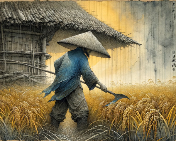 Serene Landscape of Rice Harvesting at Dawn