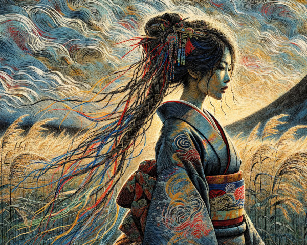 Woman in Kimono Among Grasses at Dusk