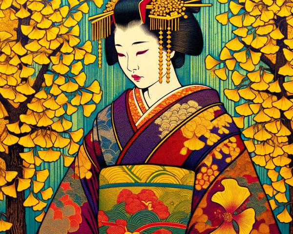 Traditional Japanese Geisha in Vibrant Kimono and Nature