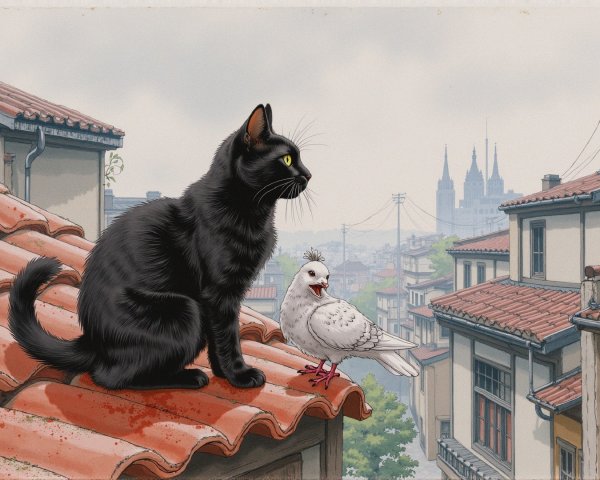 Black Cat and Pigeon on Rooftop Overlooking Cityscape