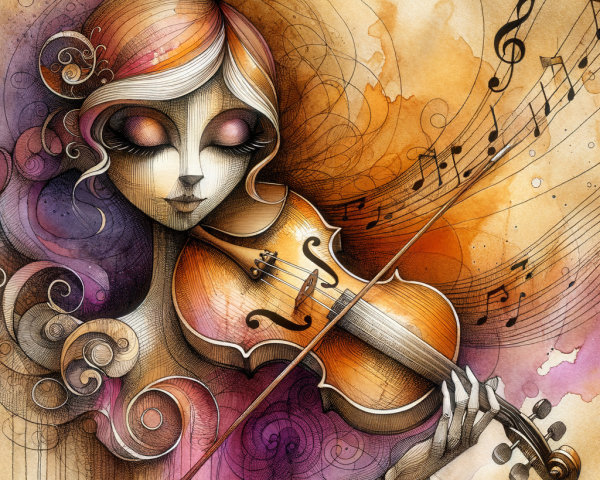 Ethereal Woman Playing Violin with Colorful Swirls