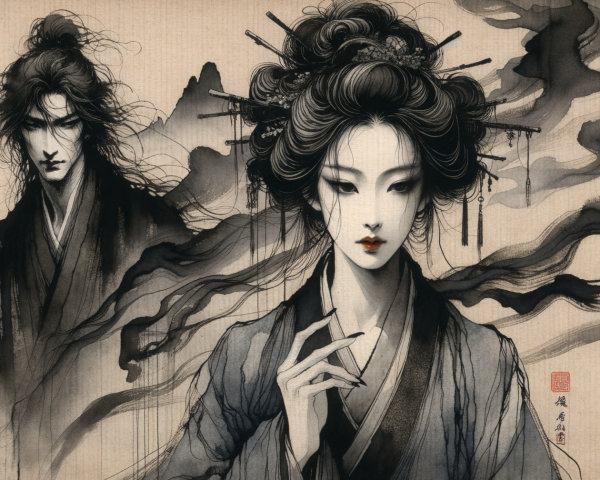 Serene Woman in Traditional Attire with Shadowy Figure