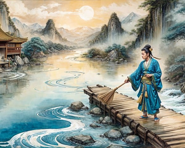 Serene landscape with river, mountains, and pavilion