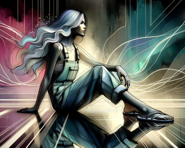 Stylish figure in overalls with vibrant abstract background