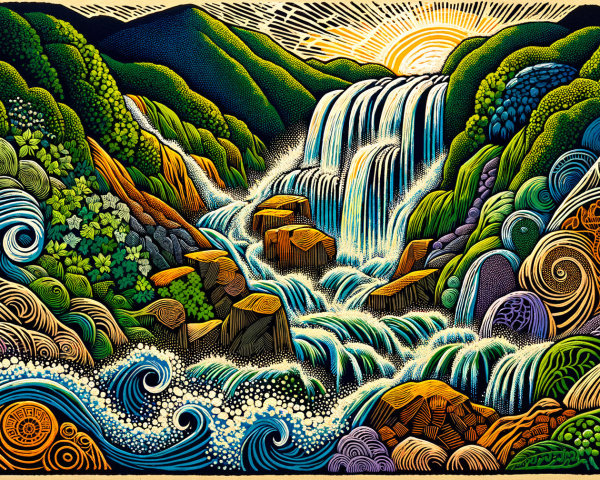 Majestic Waterfall in a Vibrant Landscape Illustration