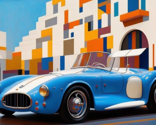 Vintage Blue Sports Car with Colorful Geometric Art