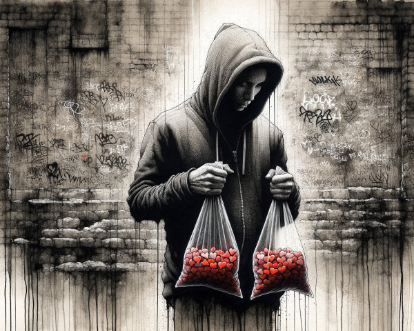 Lone Figure with Hearts in Gritty Urban Setting