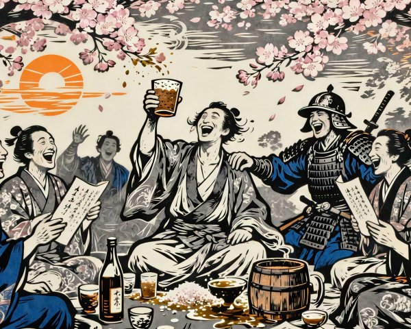 Ukiyo-e Style Ink Wash Painting of Outdoor Gathering
