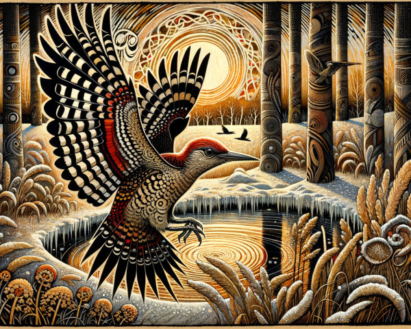 Vibrant Illustration of a Woodpecker in Serene Landscape