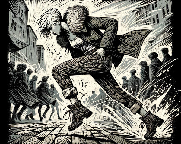 Dynamic Illustration of a Fierce Figure in Urban Setting
