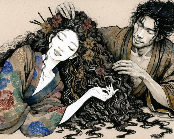 Serene Scene of Woman in Kimono with Floral Hair